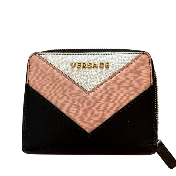 Versace Chevron Leather Zip Wallet Black Pink White Colorblock | Made in Italy - Picture 1 of 7